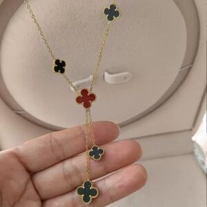 NWT Stainless Steel Double Sided Elegant Gold Necklace with Black/ Red Clover